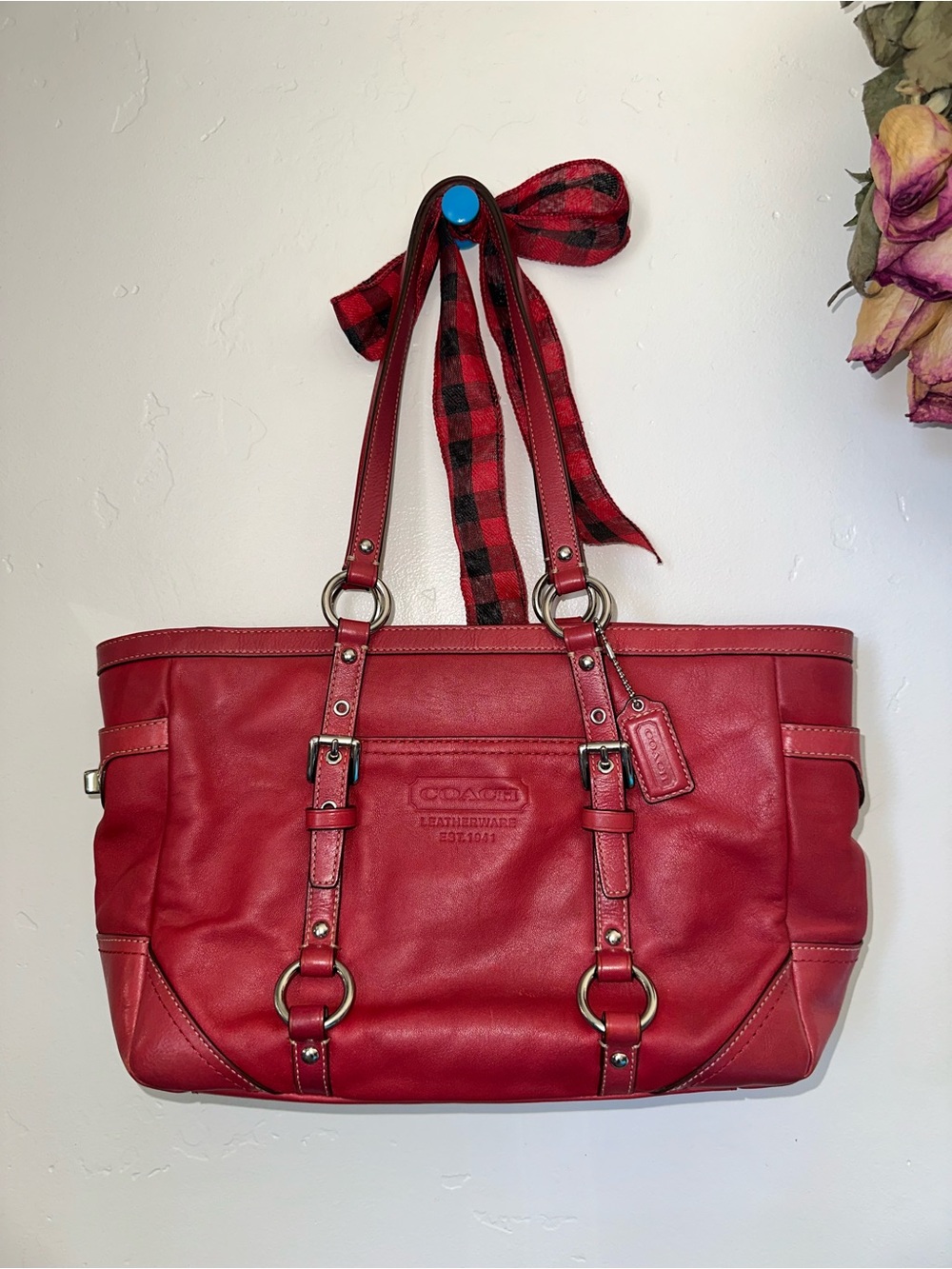 Coach Red Leather Tote with Double Strap Detail